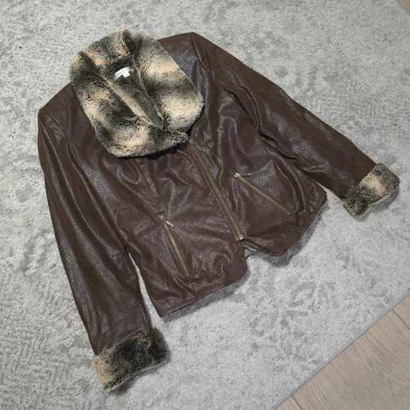 CLEO Brown Faux Leather Suede Jacket, Buttery Soft Faux Fur Lining & Cuffs, XS - Picture 13 of 16